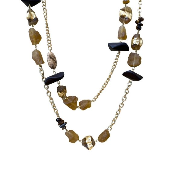 Gold-Tone Multi-Strand Necklace W/ Brown & Black Beads Chunky Design Fashion Jew - Picture 2 of 16